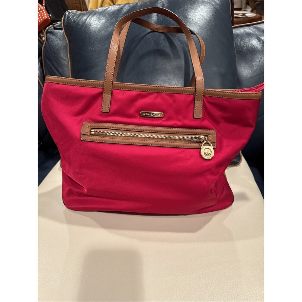 Michael Kors Red Nylon Tote Bag With Brown Leather Trim Large